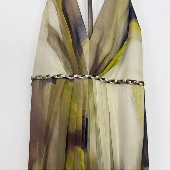 Hoaglund Green Brown 100% Silk Whimsical Earth tone Flowy Halter Maxi Dress NEW - Picture 3 of 16